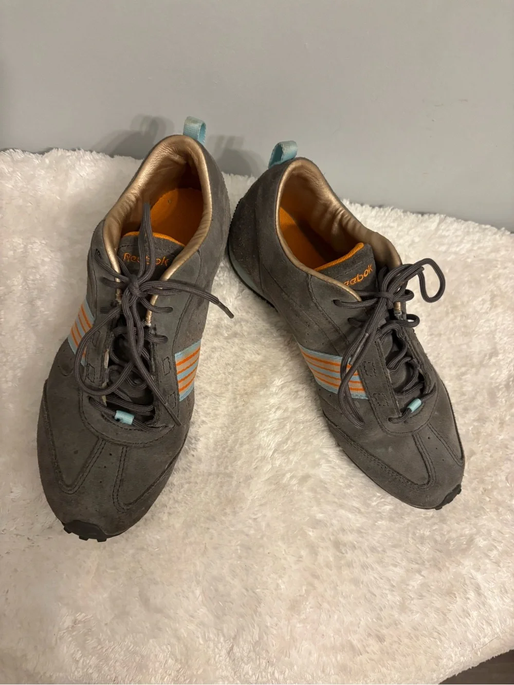 Reebok Men's Gray Suede Sneakers with Orange and Light Blue Accents